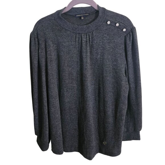 Adrienne Vittadini Gray Soft Rhinestone Button Puff Shoulder Sweater Size XL - Picture 2 of 7